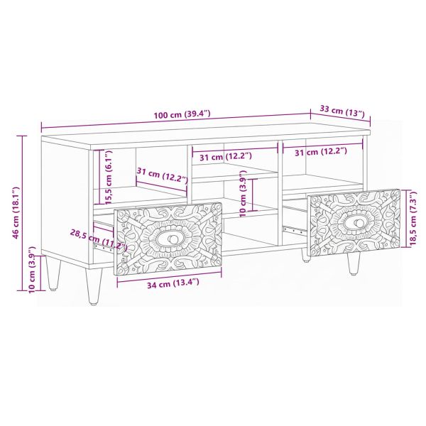 ТВ шкаф с рафт Бяло 100 x 33,5 x 46 см Солидно мангово дърво