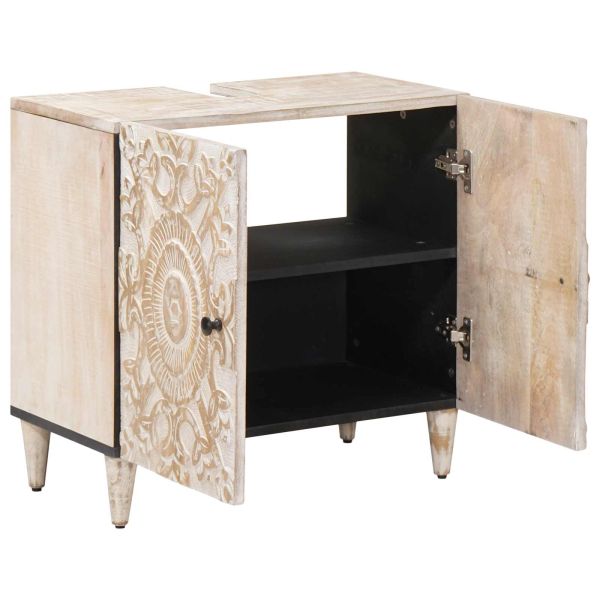 Шкаф за мивка в баня Бяло 62 x 33 x 58 см Солидно мангово дърво