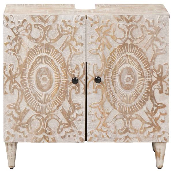 Шкаф за мивка в баня Бяло 62 x 33 x 58 см Солидно мангово дърво