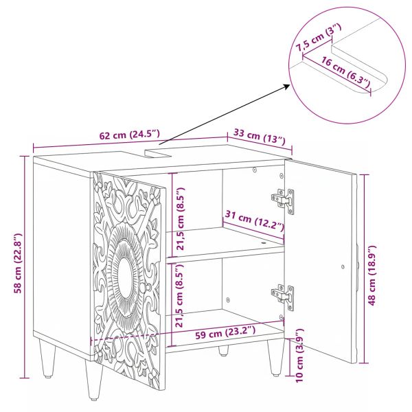 Шкаф за мивка в баня Бяло 62 x 33 x 58 см Солидно мангово дърво