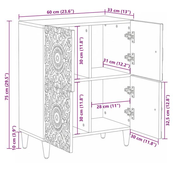 Служебен шкаф Бяло 60 x 33,5 x 75 см Солидно мангово дърво