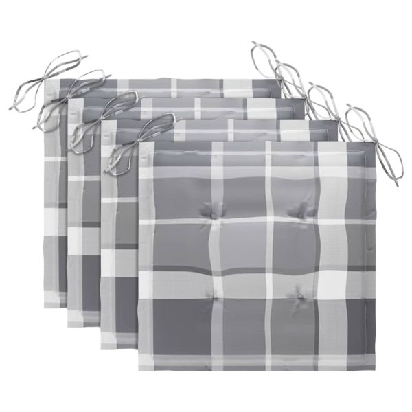 Градински столове, възглавници със сиво каре, 4 бр, тик масив