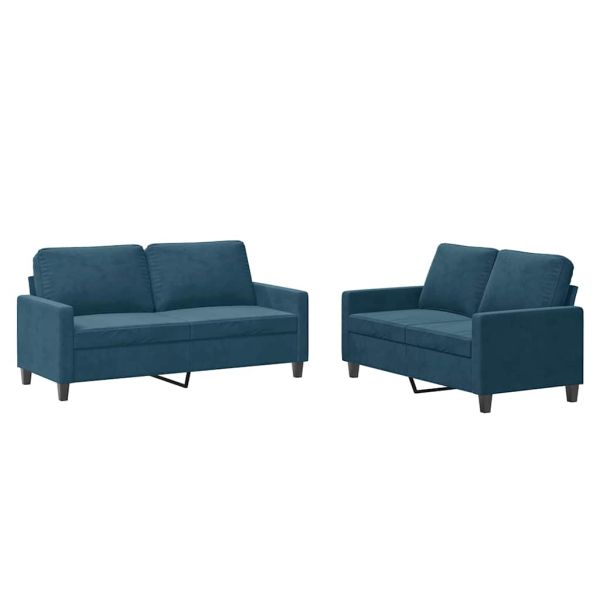 Комплект дивани от 2 части с възглавници, син, кадифе