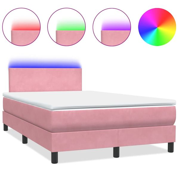Боксспринг легло с матрак и LED, розово, 120x220 см, кадифе