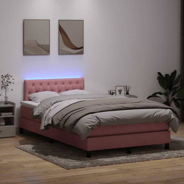 Боксспринг легло с матрак и LED, розово, 120x220 см, кадифе