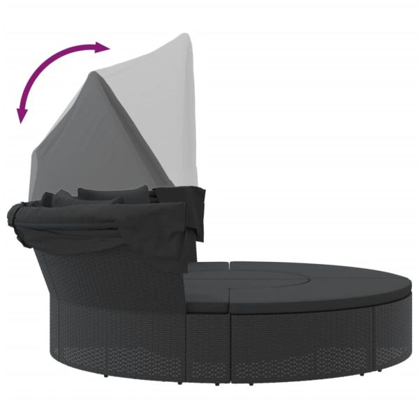 Градинско лаундж легло със сенник и възглавници черен полиратан