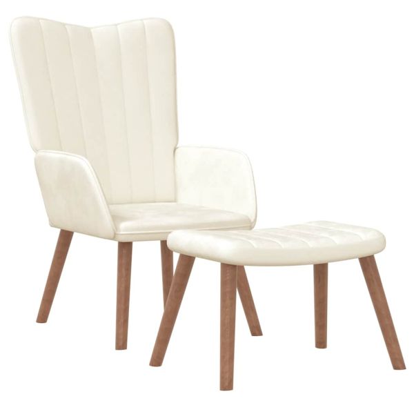 Релакс стол с табуретка, кремавобял, кадифе