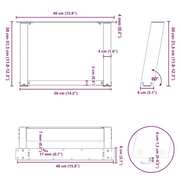 Крака за масичка за кафе, U-образни, 2 бр., антрацит, 40x(30-31) см, стомана