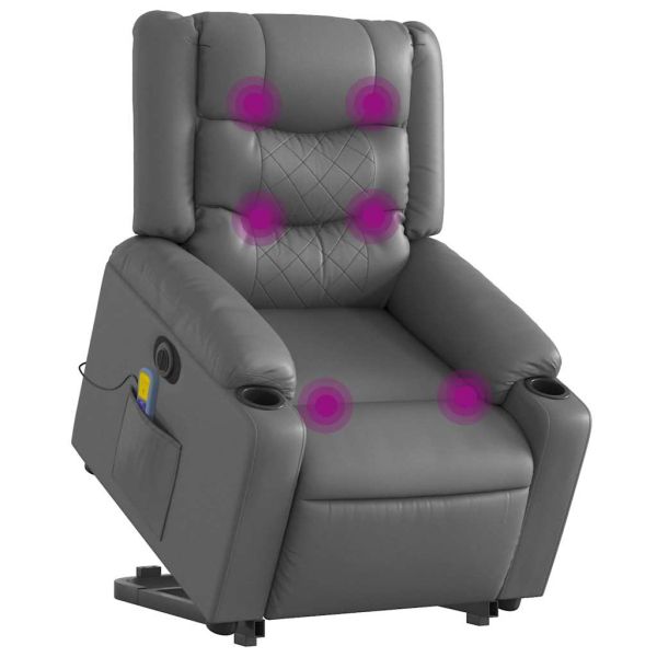 Електрически изправящ масажен реклайнер стол, сив, еко кожа