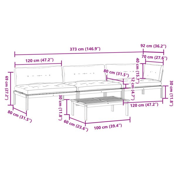 Градински комплект диван с възглавници, 4 части, акация масив