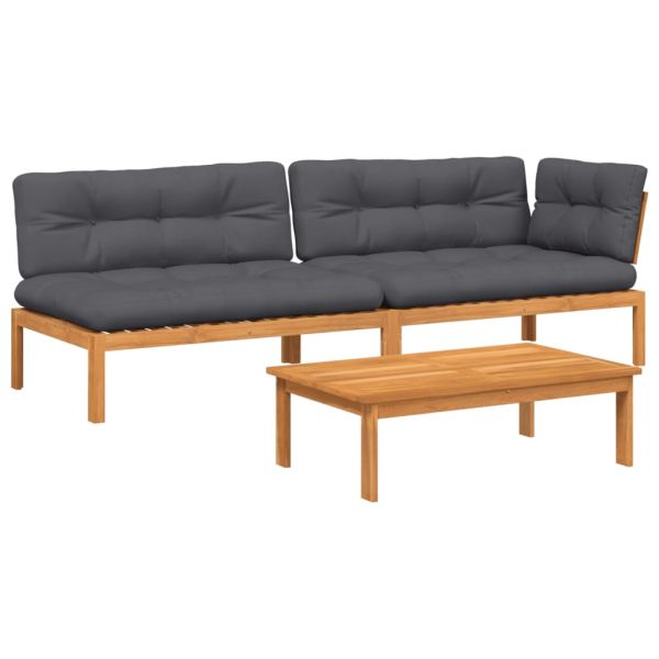Градински комплект диван с възглавници, 3 части, акация масив
