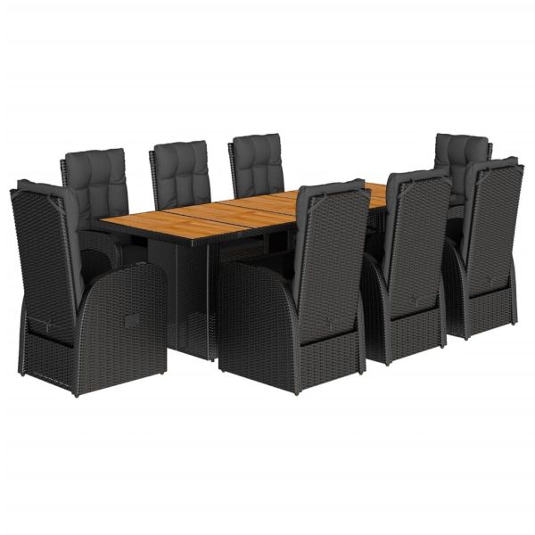 Градински трапезен комплект възглавници 9 части черен полиратан