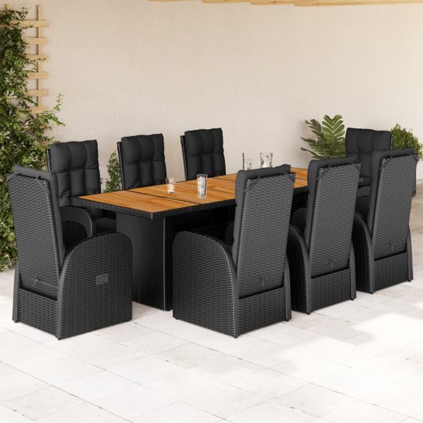 Градински трапезен комплект възглавници 9 части черен полиратан