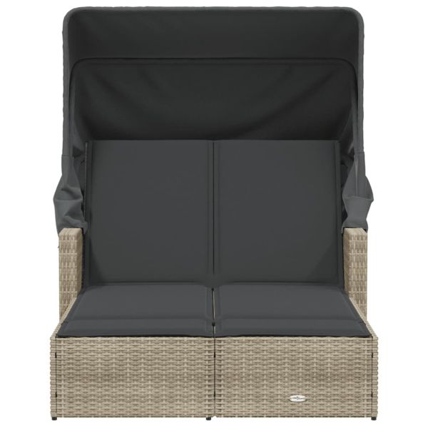 Двоен шезлонг със сенник и възглавници светлосив полиратан