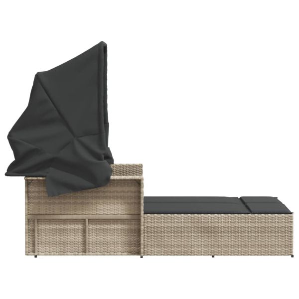 Двоен шезлонг със сенник и възглавници светлосив полиратан