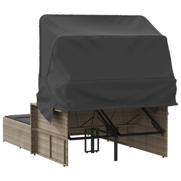 Двоен шезлонг със сенник и възглавници светлосив полиратан