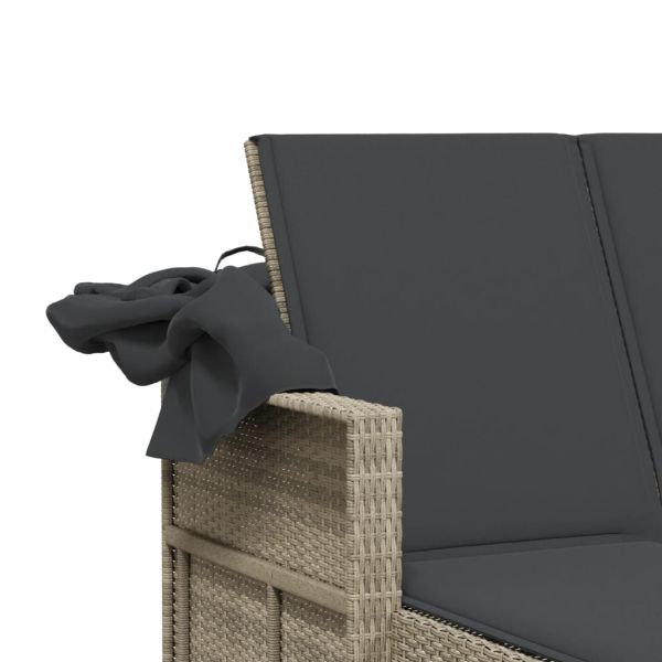 Двоен шезлонг със сенник и възглавници светлосив полиратан