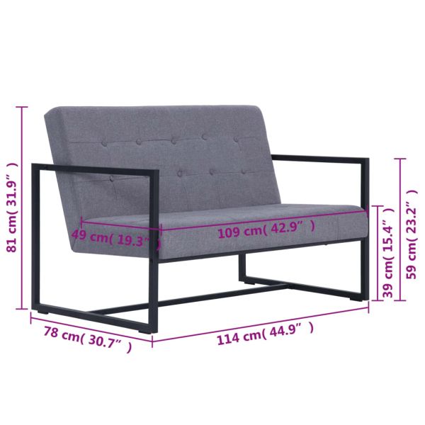 2-местен диван с подлакътници, светлосив, стомана и плат