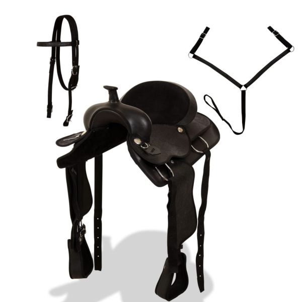 Уестърн седло, оглавник и опас, естествена кожа, 15", черно