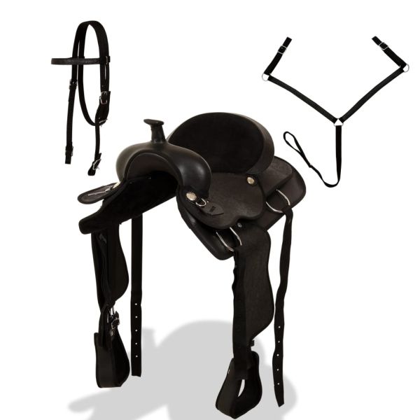 Уестърн седло, оглавник и опас, естествена кожа, 16", черно