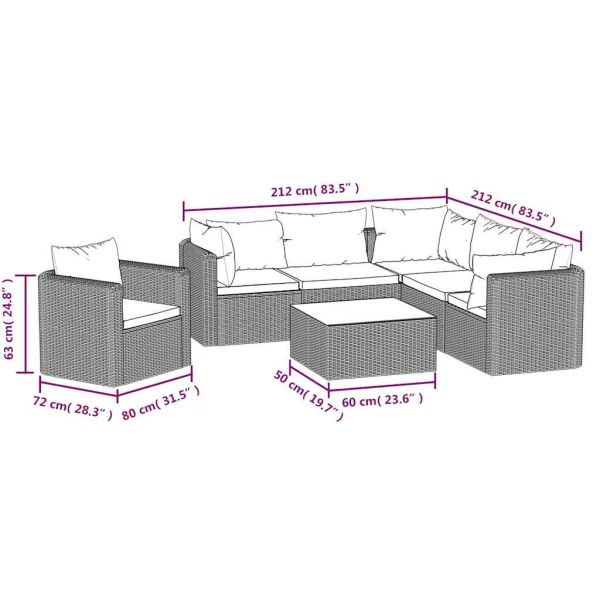 Градински комплект с възглавници, 7 части, полиратан, черен