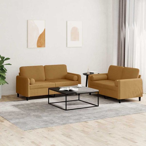 Комплект дивани 2 части с възглавници, кафяв, кадифе