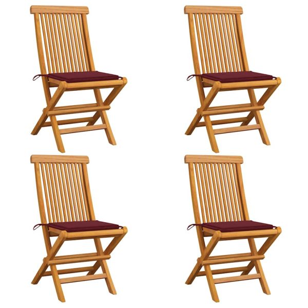 Градински столове с виненочервени възглавници 4 бр тик масив