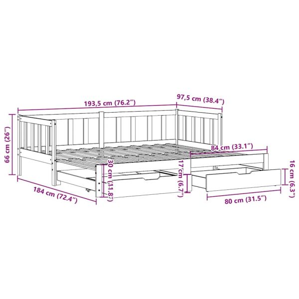 Дневно легло с уширение и чекмеджета без матрак бял 90x190 см