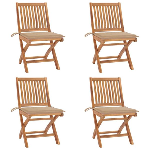 Сгъваеми градински столове с възглавници, 4 бр, тик масив