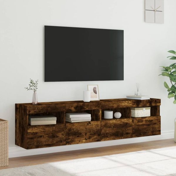 Стенни ТВ шкафове с LED лампи, 2 бр, опушен дъб, 80x30x40 см
