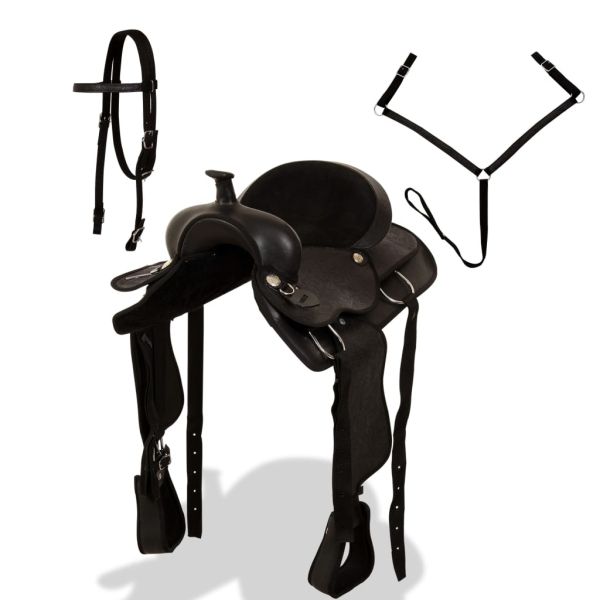 Уестърн седло, оглавник и опас, естествена кожа, 17", черно