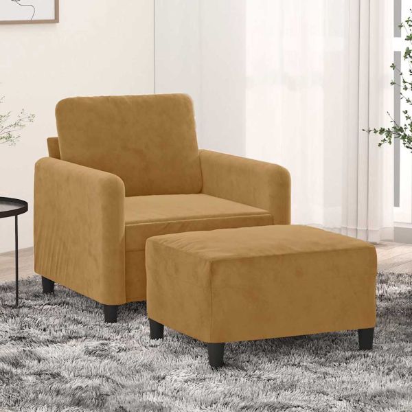 Кресло с табуретка, кафяво, 60 см, кадифе