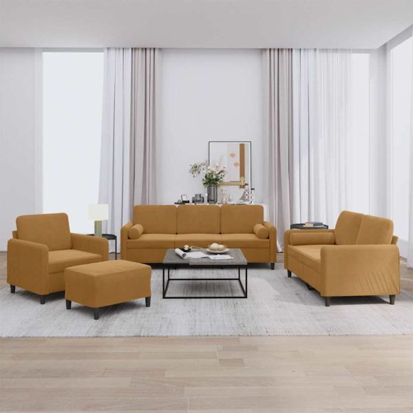 Комплект дивани 4 части с възглавници, кафяв, кадифе