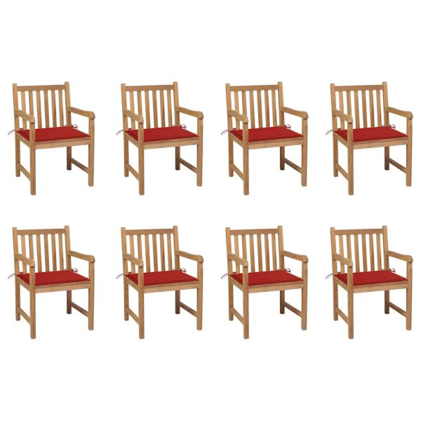 Градински столове, 8 бр, с червени възглавници, тик масив