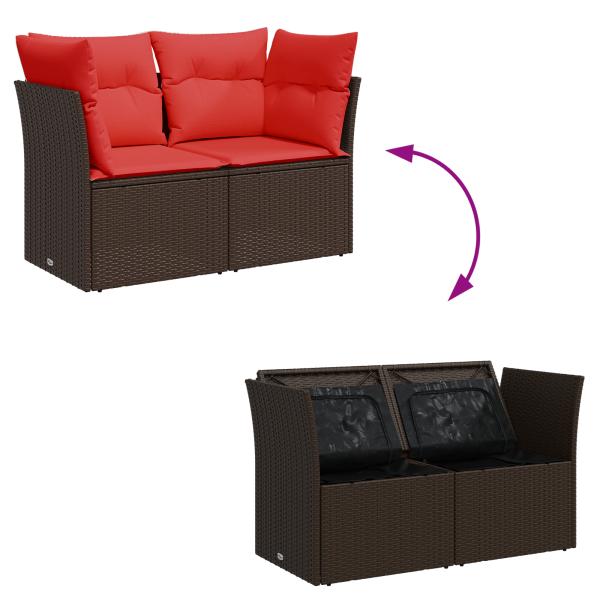 Градински диван с възглавници, двуместен, кафяв, полиратан