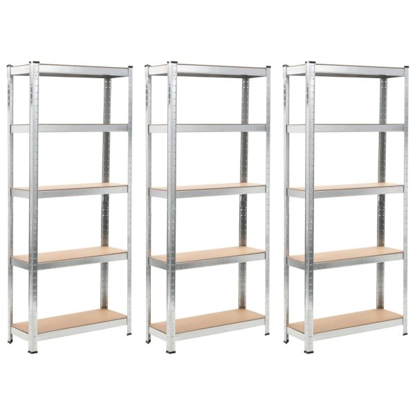 Стелажи с 5 рафта, 3 бр, сребристи, стомана и инженерно дърво