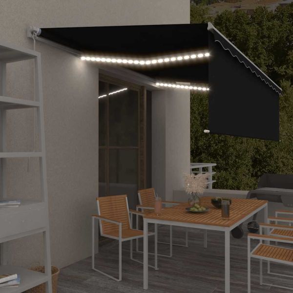 Ръчно прибиращ се сенник с щори и LED, 5x3 м, антрацит
