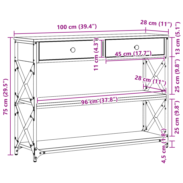 Конзолна маса с чекмедже с рафт Черен дъб 100 x 28 x 75 см