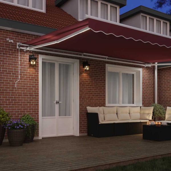 Автоматично прибираща се тента с LED, бордо, 500x300 см