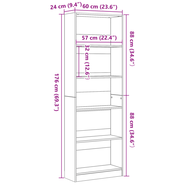 Рафт за книги Черния дъб 60 x 24 x 176 см Инженерно дърво