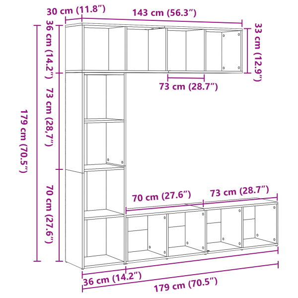 Рафт за книги 3 pcs Черния дъб 36 x 30 x 143 cm Инженерно дърво