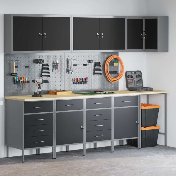 Комплект работни шкафове с чекмедже с рафт 12 pcs Черен и Сив