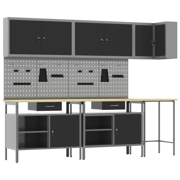 Комплект работни шкафове с чекмедже с рафт 10 pcs Черен и Сив