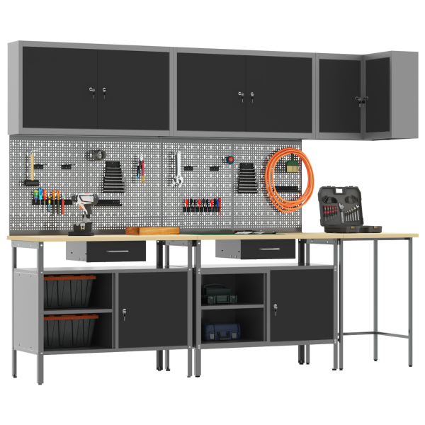 Комплект работни шкафове с чекмедже с рафт 10 pcs Черен и Сив