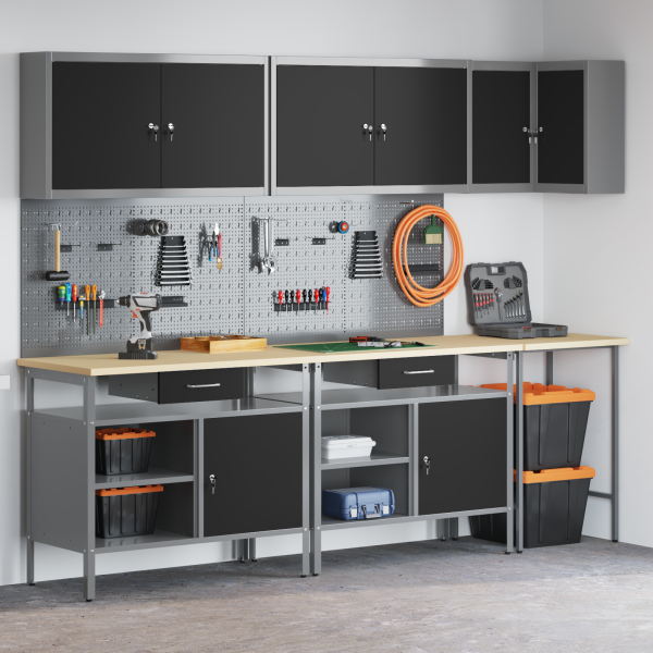 Комплект работни шкафове с чекмедже с рафт 10 pcs Черен и Сив