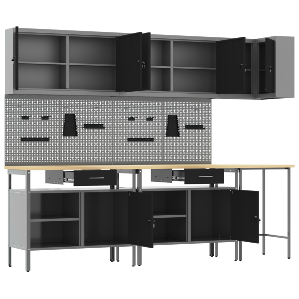 Комплект работни шкафове с чекмедже с рафт 10 pcs Черен и Сив