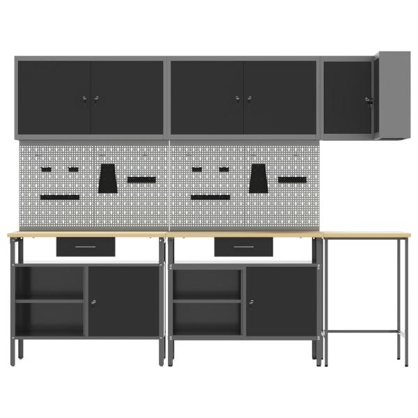 Комплект работни шкафове с чекмедже с рафт 10 pcs Черен и Сив