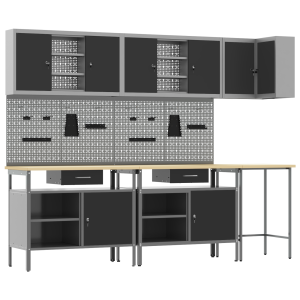 Комплект работни шкафове с чекмедже с рафт 10 pcs Черен и Сив