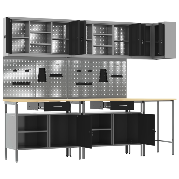 Комплект работни шкафове с чекмедже с рафт 10 pcs Черен и Сив