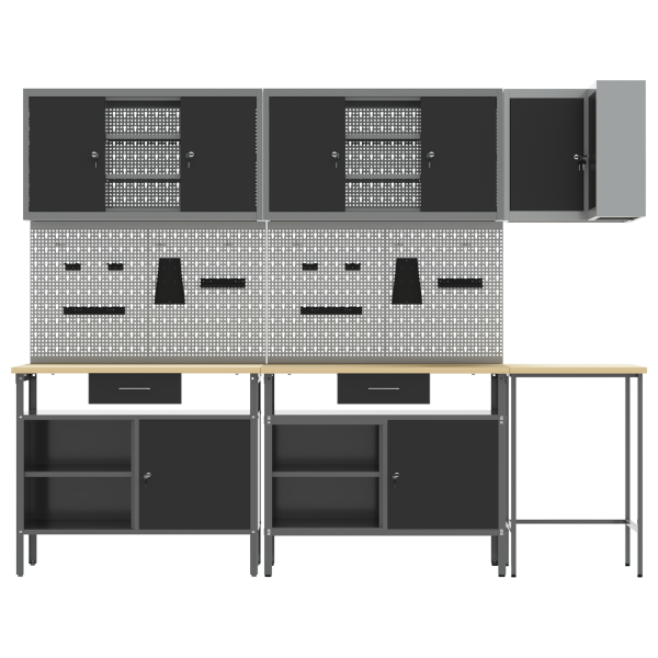 Комплект работни шкафове с чекмедже с рафт 10 pcs Черен и Сив